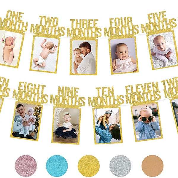 PartyHooman 1st Birthday Photo Banner in Gold for Baby from Newborn to 12 Months | Monthly Milestones Garland | Pre-strung with Frame