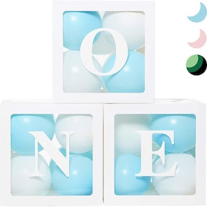 First Birthday Balloon 'ONE' Boxes for Baby Boy WITH 24 Balloons | Baby 1st Birthday Boy Decorations Clear Cube Blocks 'ONE' Letters