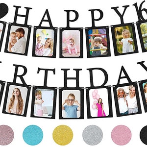 Sweet 16 Birthday Decorations Photo Banner in Black Pre-assembled | Sweet 16 Banner WITH Sixteen Photo Card Frames Party Supplies