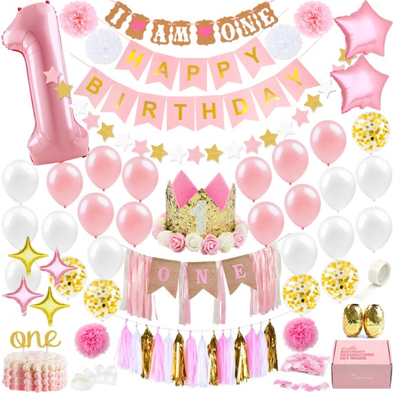 1st Birthday Girl Decorations Baby First Birthday Decorations Girl ONE Balloon Happy Birthday Banner ONE Cake Topper Crown Pink Etsy
