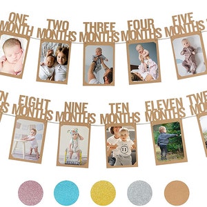 PartyHooman 1st Birthday Photo Banner for Baby from Newborn to 12 Months Monthly Milestones Garland Pre-strung with Frame Kraft image 1