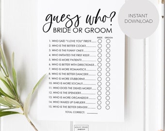 Bridal Shower Game Editable Template - Black and White - Guess Who? Bride or Groom - Minimalist - Edite with Templett - Instant Download