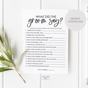 Bridal Shower Game Editable Template - What Did The Groom Say? - Black and White - Edit with Template - Instant Download