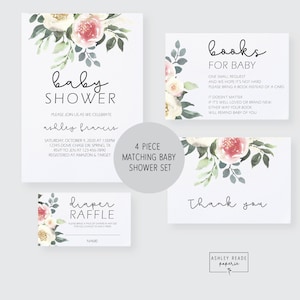 Conjunto de invitación de baby shower a juego - Libros para bebé, inserto de boleto para rifa de pañales, tarjeta de agradecimiento - Descarga digital personalizada