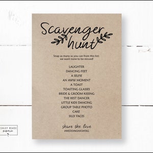 Tarjeta de juego Wedding Scavenger Hunt - Hojas en blanco y negro - Papel Kraft - Descarga digital - Personalizar