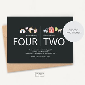 Modern Black Joint Birthday Party Personalized Invitation - Choose Any Two Themes - Create - Digital Download - Siblings Birthday Invitation