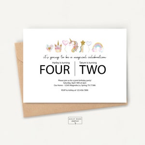 Modern Joint Birthday Party - Unicorn Theme - Personalized Invitation - Digital Download - Siblings Birthday Invitation