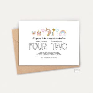 Fête d'anniversaire commune moderne - Thème de la licorne - Invitation personnalisée - Téléchargement numérique - Invitation d'anniversaire de frères et sœurs - Modifier avec Templett
