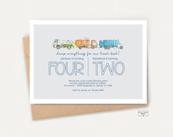May include: A blue and white invitation card with a watercolor illustration of a line of toy garbage trucks. The text reads "dump everything for our trash bash! Jackson is turning FOUR | Maverick is turning TWO. Please join us for a joint birthday party Sunday, September 22nd at 2:30pm Our Home - 12345 Magnolia Ln, Spring, TX 77384 RSVP to Ashley at 123-456-7890"