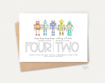 May include: A birthday invitation featuring a robot theme. Five colourful robots are lined up in a row. The text reads "beep boop beep boop...calling all bots" and "Jackson is turning FOUR TWO".