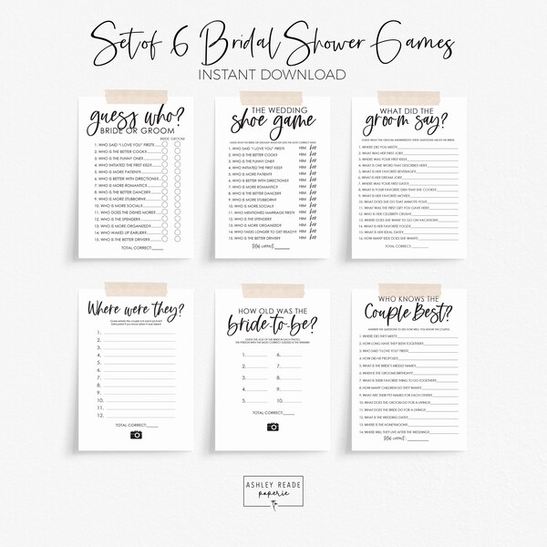 Black and White Script - Set of 6 Bridal Shower Games - Guess Who? Bride or Groom - Who Knows Couple -Find the Guest Bingo - Bundle and Save