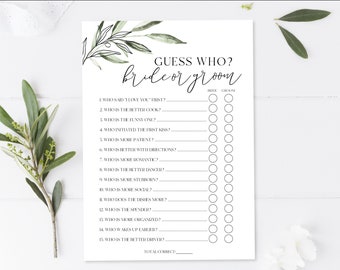 Olive Branches - Guess Who Bride or Groom? - Bridal Shower Game - Instant Download