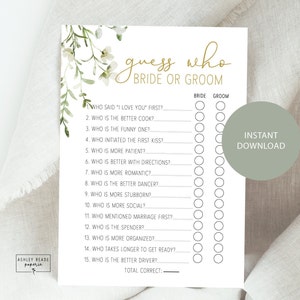 Green Foliage - Guess Who Bride or Groom - Bridal Shower Game - Digital Download - Instant Download