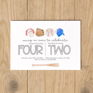 Modern Joint Birthday Party - Baseball Theme - Personalized Invitation - Siblings Birthday Invitation - Edit with Templett