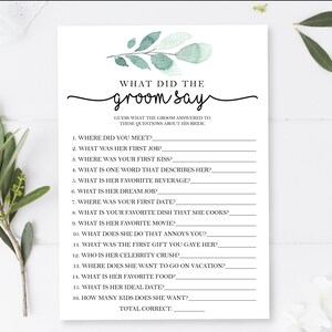 Eucalpytus - What Did The Groom Say - Bridal Shower Game