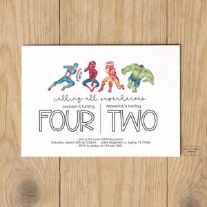 Modern Joint Birthday Party - Superhero Theme - Personalized Invitation - Digital Download - Siblings - Edit with Templett