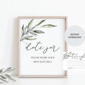 Pode incluir: Sinal imprimível com folhas verdes em aquarela e o texto "date jar" e "Please share your best date idea". Também está incluído um cartão menor com o texto "date night" e um espaço em branco para escrever.