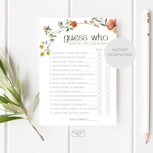 Wildflower Frame - Guess Who - Bride or Groom - Bridal Shower Game - Bridal Shower Activity - Instant Download