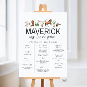 May include: A white sign on a wooden easel, featuring the text "MAVERICK my first year" with watercolor illustrations of cowboy-themed elements. The sign includes details like height (30 inches), weight (28.5 pounds), and favorite things.