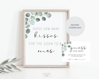 Eucalpytus - Guess How Many Kisses Sign and Matching Card - Bridal Shower Decoration
