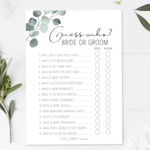 Eucalpytus - Guess Who Bride or Groom? - Bridal Shower Game - Instant Download