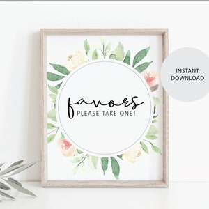 Favors Sign - Foliage - Shower or Wedding Sign - Eucalyptus - Blush Flowers - Greenery - Instant Download - Digital Download