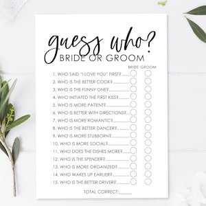 Black and White - Guess Who? Bride or Groom - Bridal Shower Game - Minimalist - Instant Download