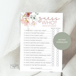 Dusty Pink Florals - Guess Who? Bride or Groom - Bridal Shower Game - Bridal Shower Activity - Instant Download