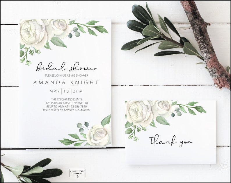 Ivory Rose Bridal Shower Invitation and Thank You Card Etsy