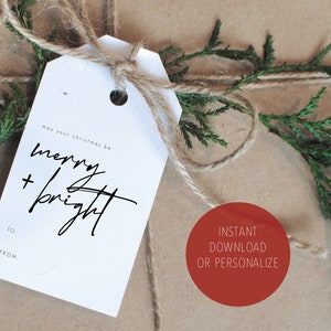 Merry and Bright - Christmas Gift Tag- Merry Christmas Tag - Modern Black and White Christmas - Personalize - Instant Download