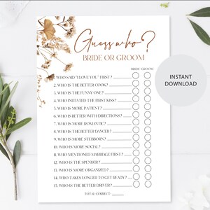 Fall Florals - Guess Who? Bride or Groom - Bridal Shower Game - Fall Bridal Shower - Digital Download - Instant Download
