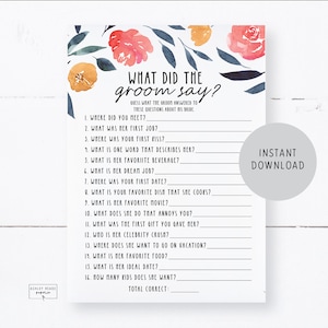 Watercolor Florals - What Did The Groom Say - Bridal Shower Game