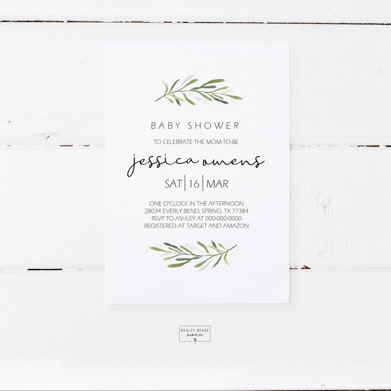 Simple Greenery Bridal Shower Invitation and Thank You Card Etsy
