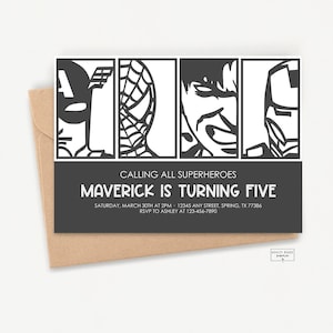 Editable Superheroes Birthday Party Invitation - Black and White Superheroes - Personalize - Digital Download - Edit with Templett