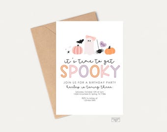 May include: A Halloween-themed birthday party invitation with the text "It's time to get SPOOKY." The invitation features illustrations of a ghost, pumpkins, a bat, and a spider. The invitation is on white paper with a brown envelope.