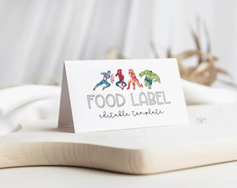 Etiquetas de comida personalizadas - Fiesta de cumpleaños de superhéroes - Plantilla editable - Descarga digital - Edita con Templett - Superhéroes