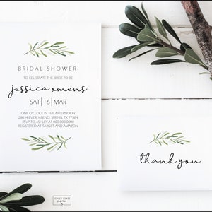 May include: A white bridal shower invitation with green foliage and the text "BRIDAL SHOWER", "TO CELEBRATE THE BRIDE-TO-BE", "jessica omens", "SAT 16 MAR", "ONE O'CLOCK IN THE AFTERNOON", "28034 EVERLY BEND, SPRING, TX 77384", "RSVP TO ASHLEY AT 000-000-0000", "REGISTERED AT TARGET AND AMAZON", and "ASHLEY READE". A separate white card with green foliage and the text "thank you".