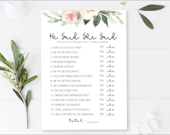 Blush and White Flowers - He Said, She Said - Bridal Shower Game - Instant Download