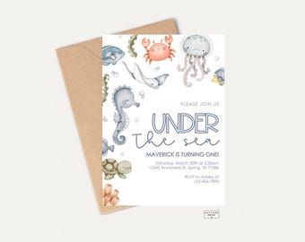 May include: An invitation card with an "Under the Sea" theme, featuring watercolor illustrations of marine life like a seahorse, crab, and jellyfish. The card includes the text "Under the Sea" and event details.
