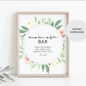 Mom-osa Bar Sign - Foliage - Baby Shower Sign - Eucalyptus - Blush Flowers - Greenery - Instant Download - Digital Download