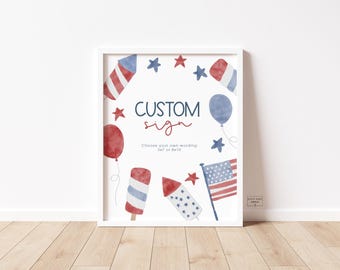 Könnte beinhalten: Ein weißes Schild mit einem rot-weiß-blauen Aquarelldesign. Das Schild trägt die Aufschrift "CUSTOM sign" und "Choose your own wording 5x7 or 8x10".