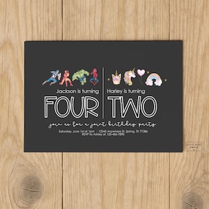 Modern Black Joint Birthday Party Personalized Invitation - Choose Any Two Themes - Create - Digital Download - Siblings Birthday Invitation