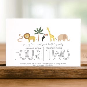 Editable Modern Joint Birthday Party - Wild Jungle Theme - Digital Download - Siblings Birthday Invitation - Edit with Templett
