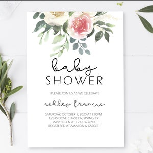 Blush and White Flowers - Baby Shower Invitation - Personalized Digital Download