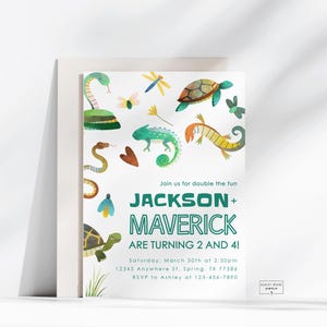 May include: A white invitation card featuring watercolour illustrations of a snake, turtle, and lizard. The text reads "JACKSON + MAVERICK ARE TURNING 2 AND 4!" with event details, perfect for a children's party.
