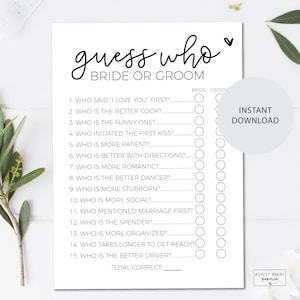 Black and White Script Heart - Guess Who? Bride or Groom - Bridal Shower Game - Modern - Instant Download