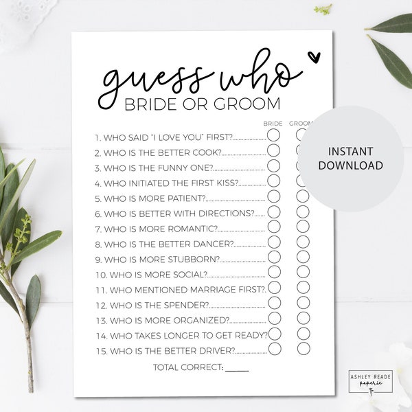 Black and White Script Heart - Guess Who? Bride or Groom - Bridal Shower Game - Modern - Instant Download