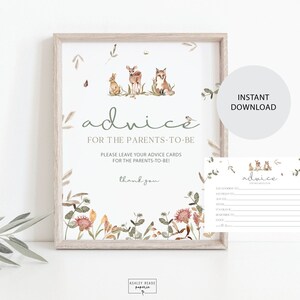 Animais da Floresta - Conselhos para a Mamãe e o Papai - Placa e Cartão Correspondente - Chá de Bebê