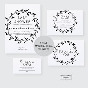 Ensemble assorti de douche de bébé - Vignes noires et blanches - Invitation de douche de bébé, carte de remerciement, livres pour insert de bébé, billet de tombola de couches