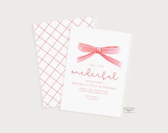 May include: Pink watercolor bow with the text "ISN'T SHE onederful" and the words "Join us to celebrate Harley's first birthday" on a white background.